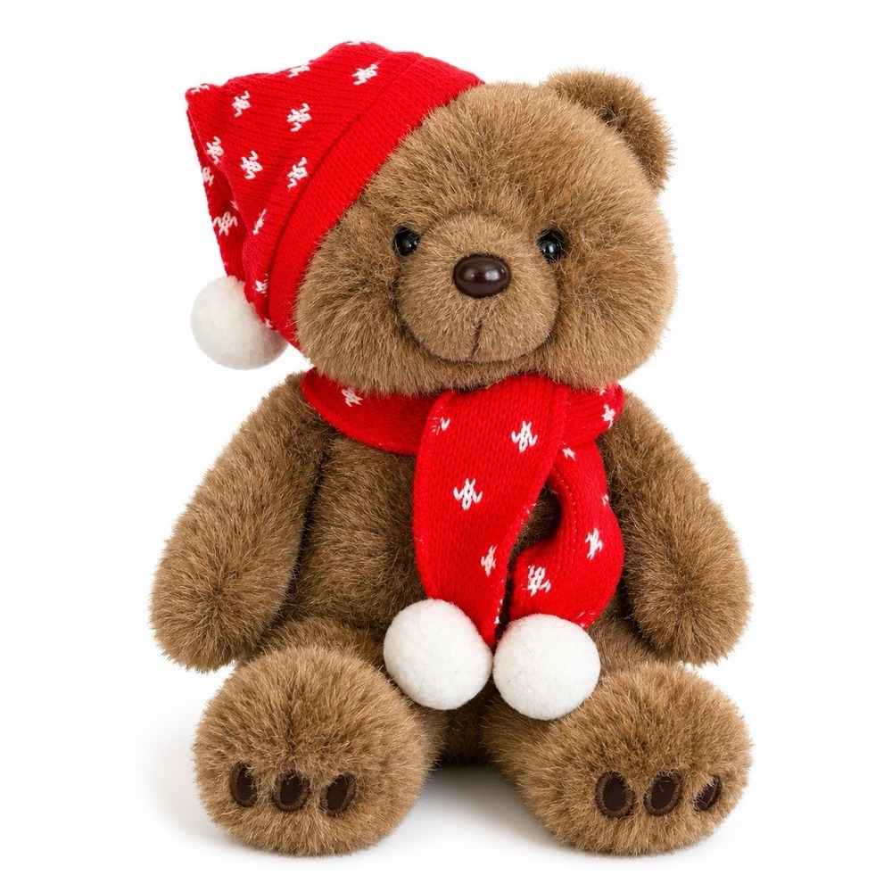 Commonwealth Christmas Teddy Bear Plush Toy Red Knit Hat Scarf Brown Soft 10"